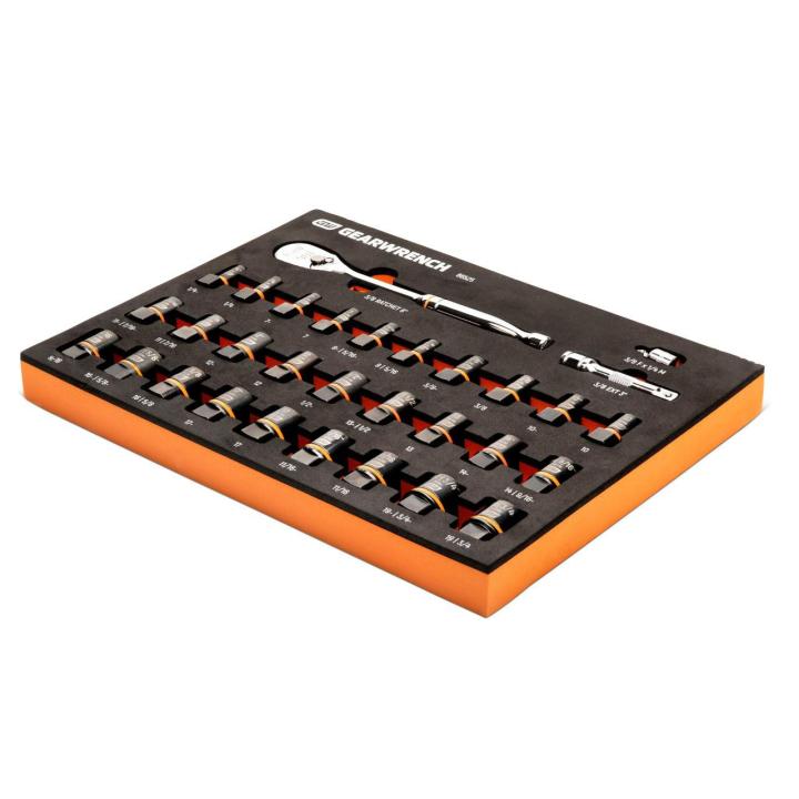 Angled overhead view of the GEARWRENCH 31-piece 3/8-inch-drive ratchet and Bolt Biter socket set organized in a black foam tray with orange accents and labeled slots.