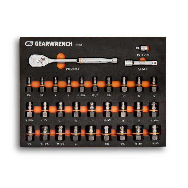 Top-down view of the GEARWRENCH 31-piece 3/8-inch-drive 90-tooth ratchet and Bolt Biter socket set, with extensions and sockets organized in a black foam tray with orange accents.
