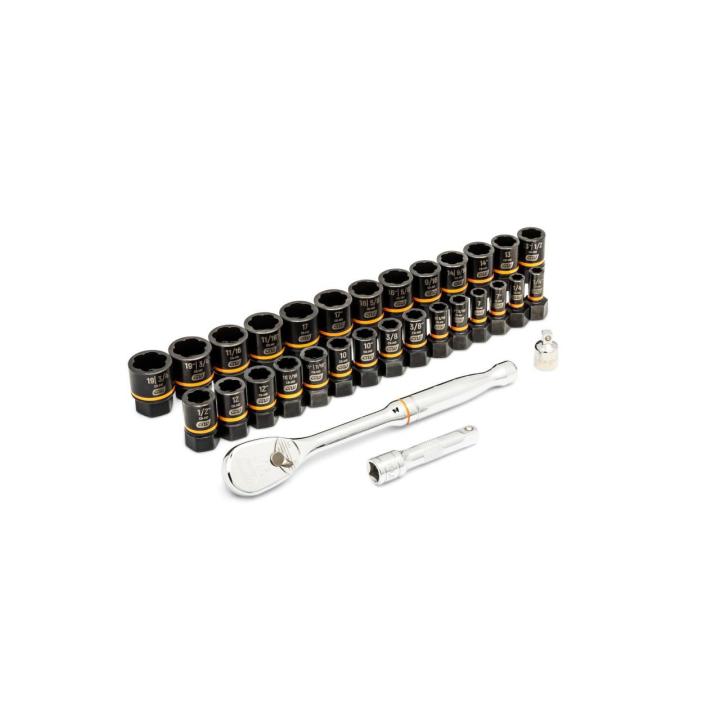 Loose layout of the GEARWRENCH 31-piece 3/8-inch-drive set: ratchet, extension bar, universal joint, and Bolt Biter sockets arranged in two rows on white.