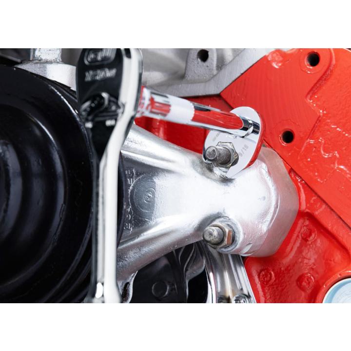 11 Piece 3/8" Drive Ratcheting Crowfoot SAE Wrench Set in use on an automotive component with a ratchet and extension.