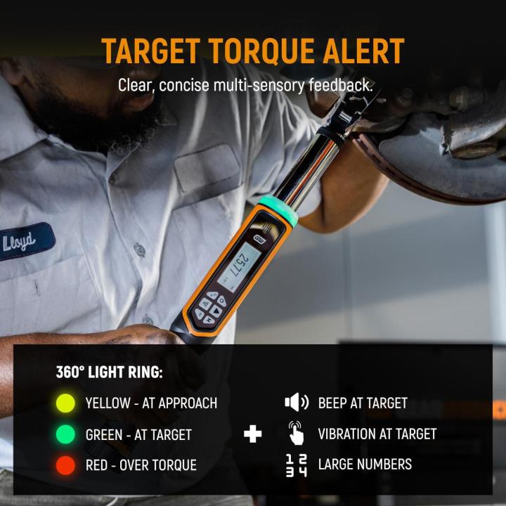 Target Torque Alert graphic shows a digital torque wrench in use with a yellow, green and red 360° light ring, audible beep, vibration feedback and large numeric display indicating torque status.