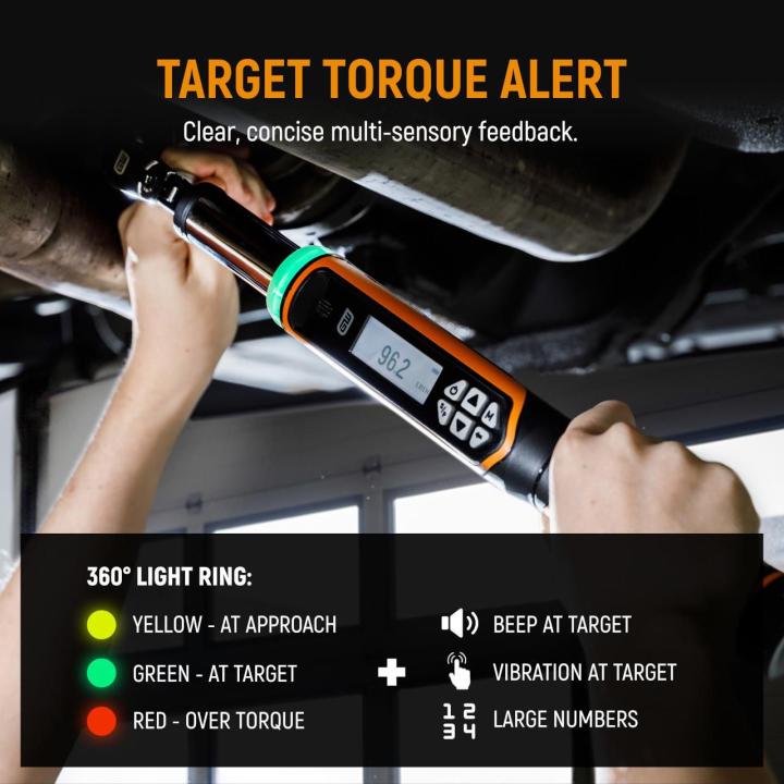 Mechanic uses a digital torque wrench beneath a vehicle. Target Torque Alert callouts show a color-changing 360° light ring, audible beep, vibration feedback and numeric display.