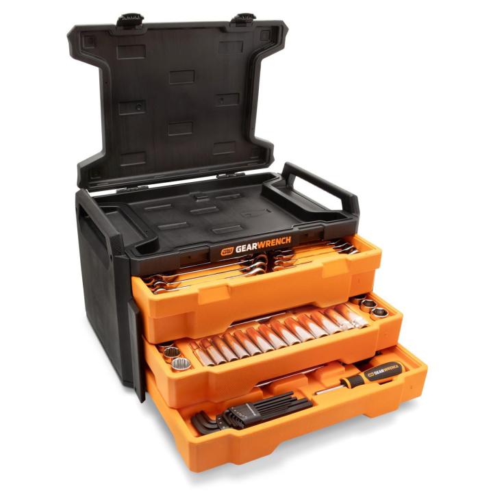 Image of the GW168MM set showing the orange & black blow mold case open showing the tools inside