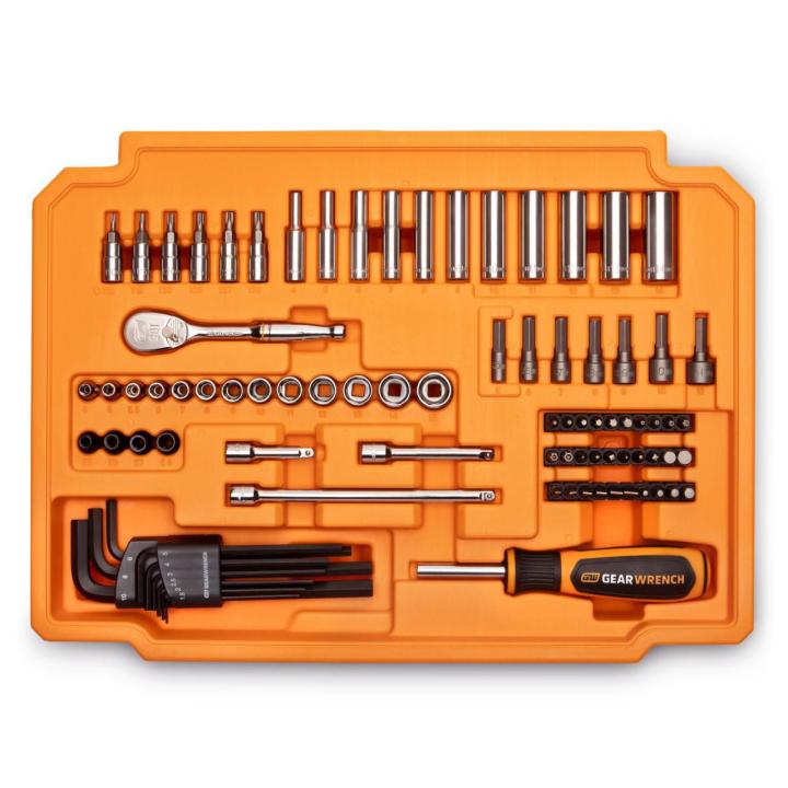 Image of the GW168MM orange tray showing sockets, bits, ratchets and a driver