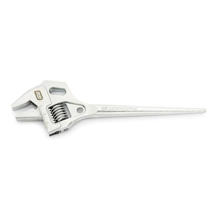 Image of the 10" Lineman Adjustable Spud Wrench showing the scaled jaws towards the left side of the image and the spud handle towards the right side
