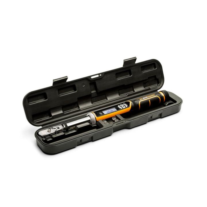 Open molded black carrying case holds a digital torque wrench and accessories in fitted compartments, presented on a clean white studio background.