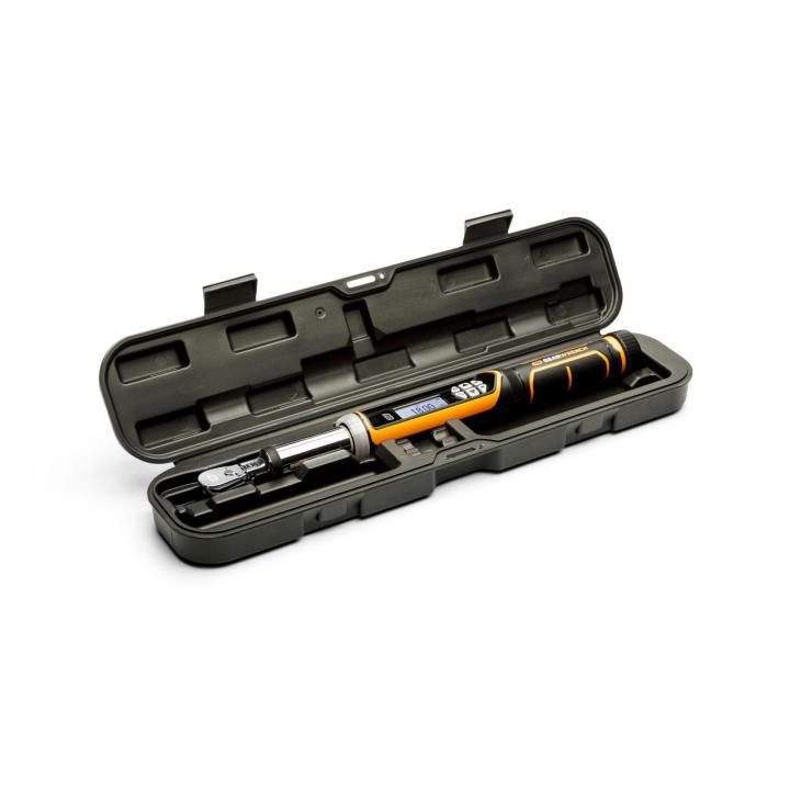 Digital torque wrench rests securely in the fitted interior of an open black protective carrying case, presented on a clean white studio background.