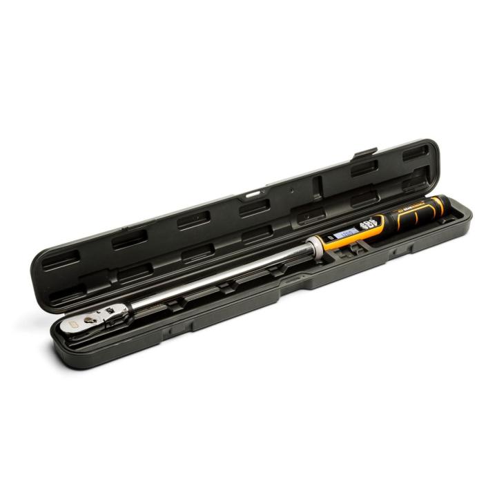 Open hard case holds a long digital torque wrench with a chrome shaft and orange-and-black handle in a fitted interior, presented on a white background.