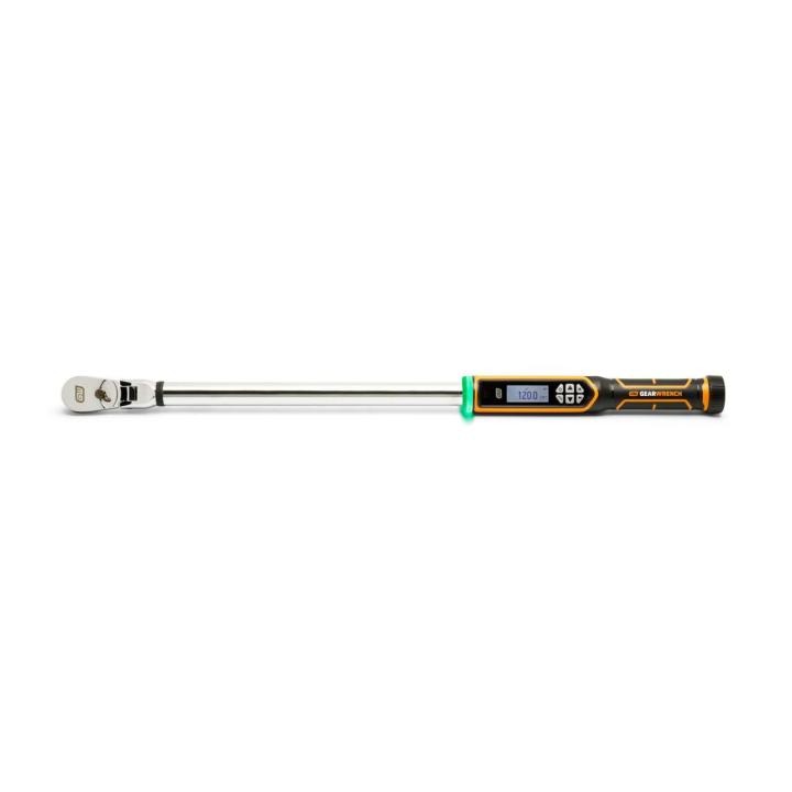 Side profile of a GEARWRENCH digital torque wrench on a white background, showing the long chrome shaft, ratchet head, orange-and-black handle and numeric LCD.