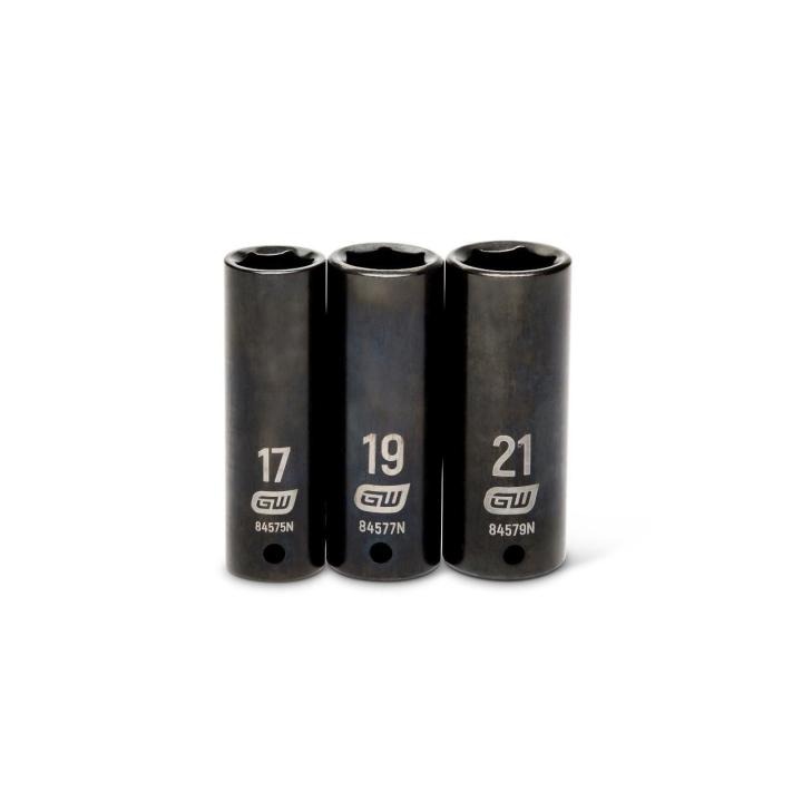 Image of the 3 Piece 1/2" Drive 6 Point Metric Deep Impact Socket Set showing the 17mm, 19mm & 21mm on a white background