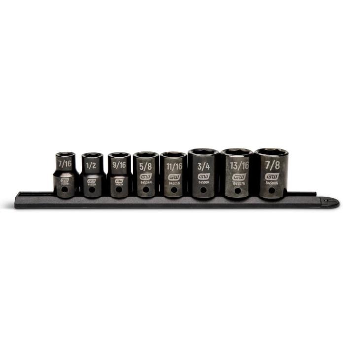 Image of the 8 Piece 1/2" Drive 6 Point SAE Standard Impact Socket Set on a black socket rail on a white background