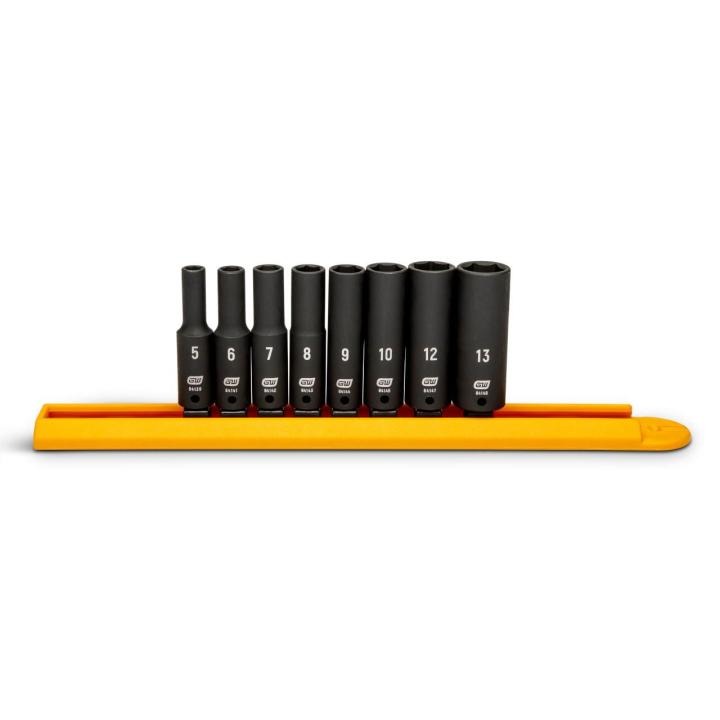 Image of the 8 Piece 1/4" Drive 6 Point Metric Deep Impact Socket Set on a orange socket rail
