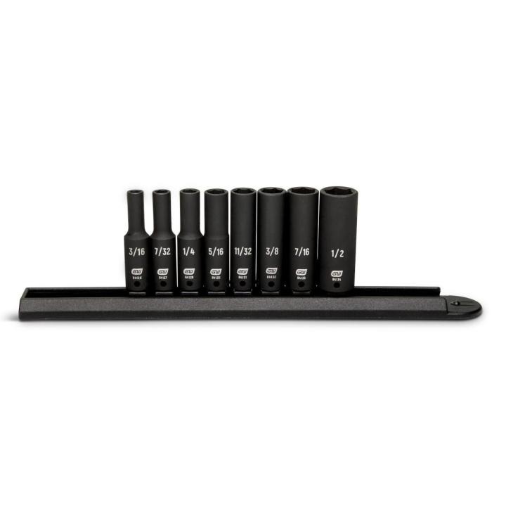 Image of the 8 Piece 1/4" Drive 6 Point SAE Deep Impact Socket Set on a black socket rail