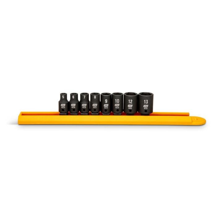 Image of the 8 Piece 1/4" Drive 6 Point Metric Standard Impact Socket Set on a orange socket rail