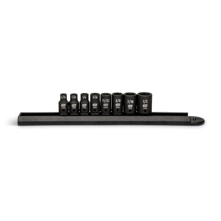 Image of the 8 Piece 1/4" Drive 6 Point SAE Standard Impact Socket Set on a black socket rail