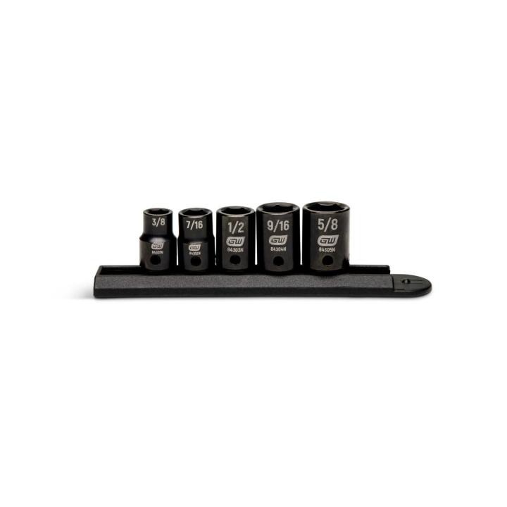 Image of the 5 Piece 3/8" Drive 6 Point SAE Standard Impact Socket Set on a black socket rail
