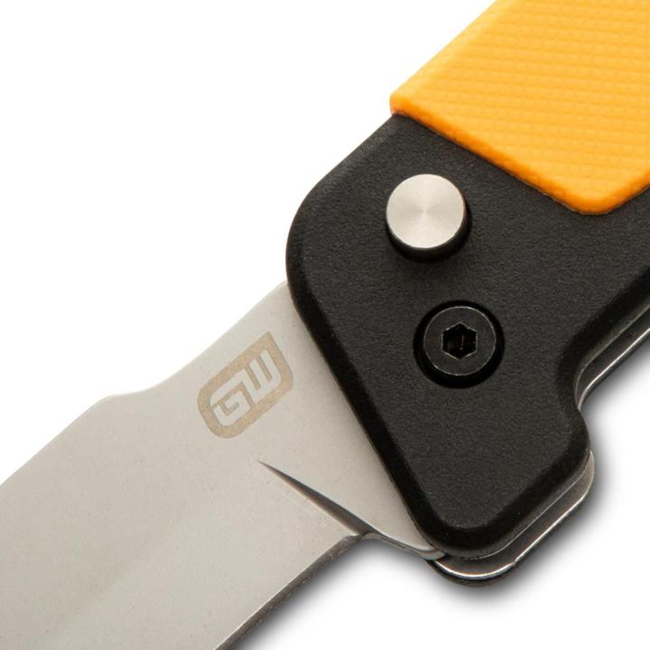 Close-up of the GEARWRENCH folding hawkbill knife with multi-tool, showing the blade, pivot, and textured handle.