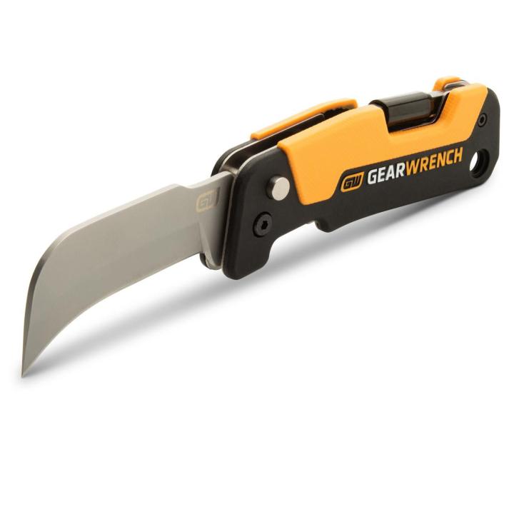 Angled view of the GEARWRENCH folding hawkbill knife with multi-tool open, showing curved blade and cushion-grip handle.