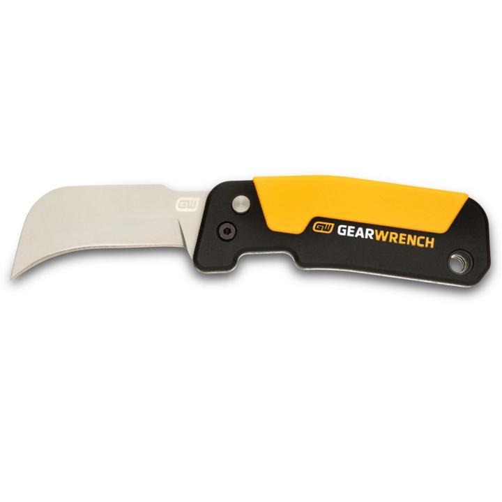 Image of the GEARWRENCH folding hawkbill knife with multitool with the blade towards the left side of the image and the orange & black handle towards the right side.