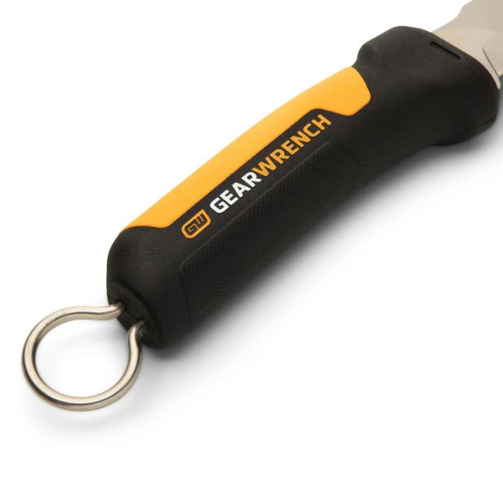Close-up of the GEARWRENCH fixed blade hawkbill knife blunt-tip handle, showing the grip and attachment ring.
