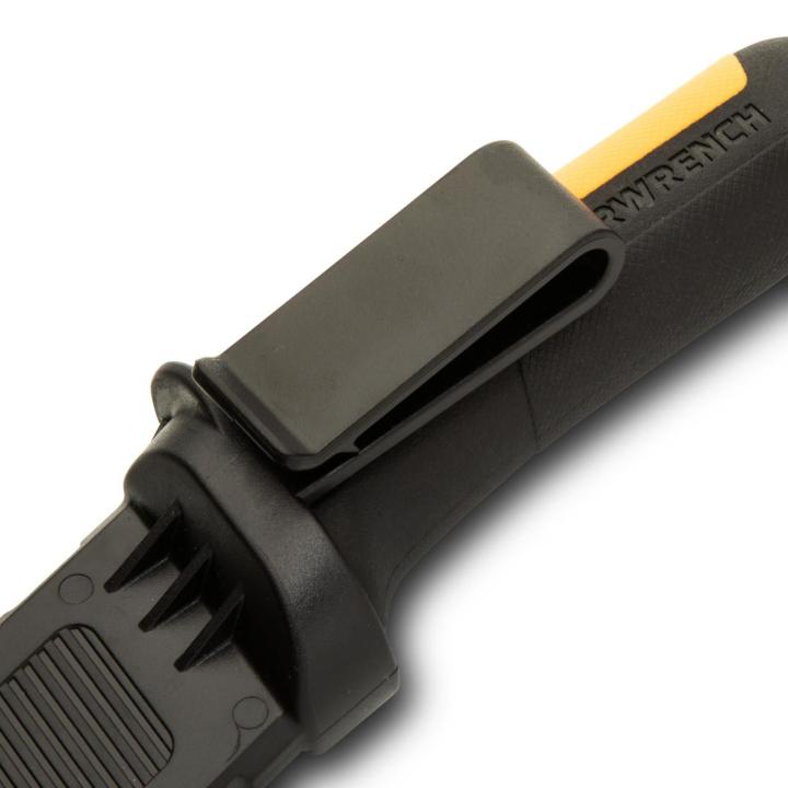 Close-up of the GEARWRENCH fixed blade hawkbill knife blunt-tip molded sheath and belt clip detail.