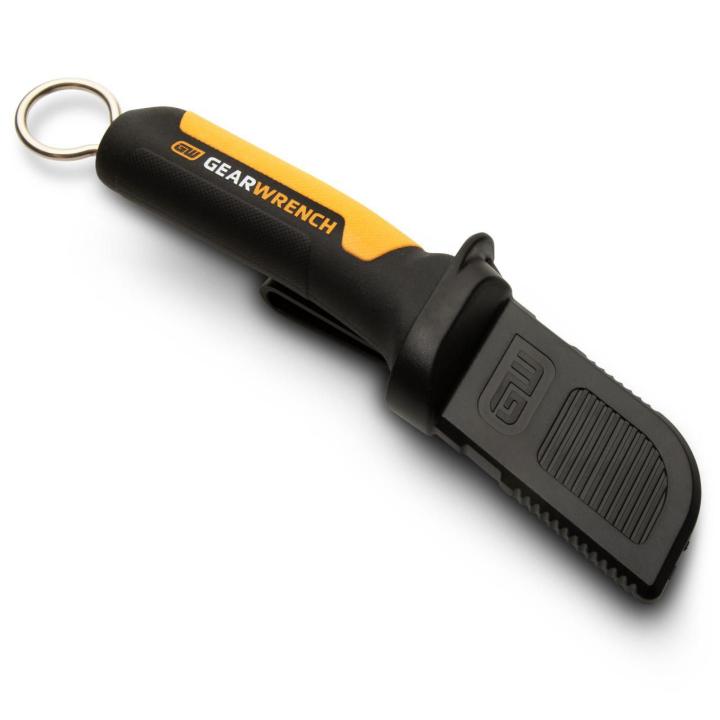 Angled view of the GEARWRENCH fixed blade hawkbill knife with sharp tip, highlighting the handle and molded sheath.