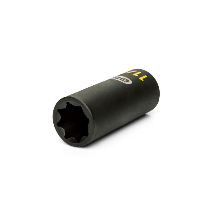 GWLS1116H angled black 1/2 drive lineman 11/16 8-point double square deep impact socket on white background, showing open end and partial side markings.