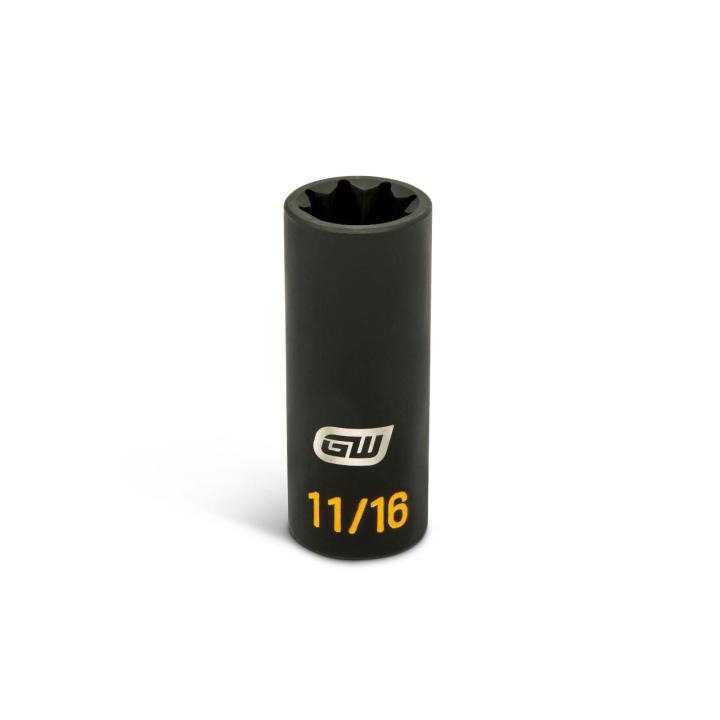 GWLS1116H black 1/2 drive lineman 11/16 8-point double square deep impact socket, upright with open end and yellow 11/16 size marking visible.