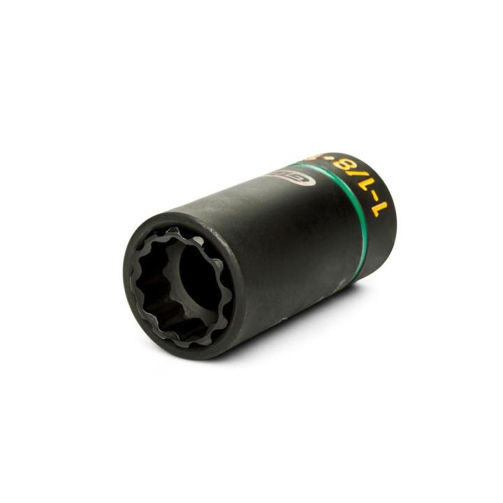 Angled view of the GEARWRENCH 15/16 x 1-1/8 lineman 2-in-1 12 point impact socket, highlighting the socket opening and side profile.