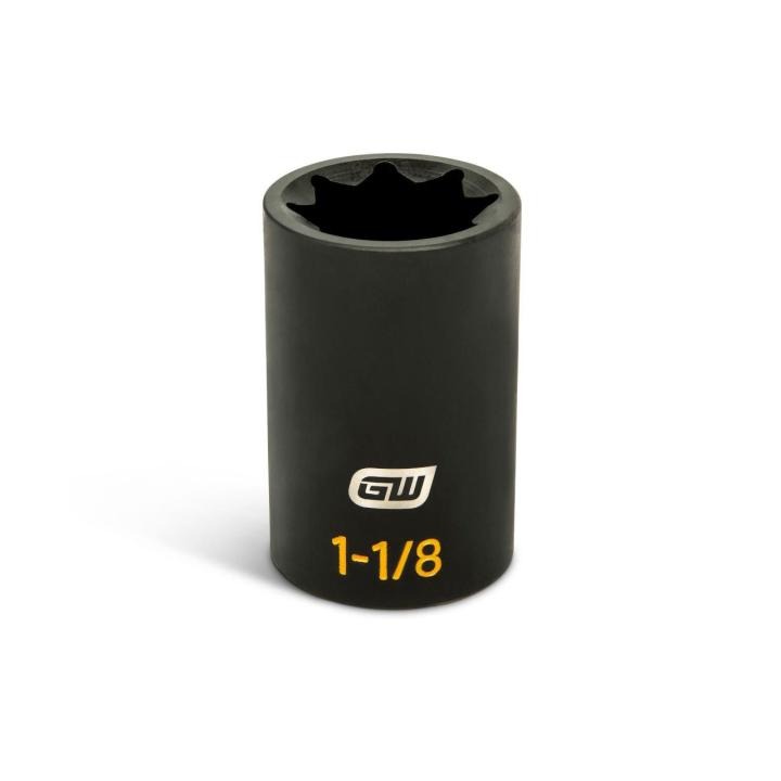 GWLS118H black 1/2 drive lineman 1-1/8 8-point double square deep impact socket, upright with open end and yellow 1-1/8 size marking.