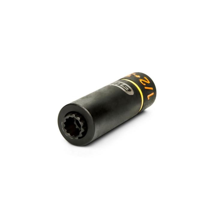 Angled view of the GEARWRENCH 3/8 x 1/2 lineman 2-in-1 12 point impact socket, showing its length, socket opening, and markings.