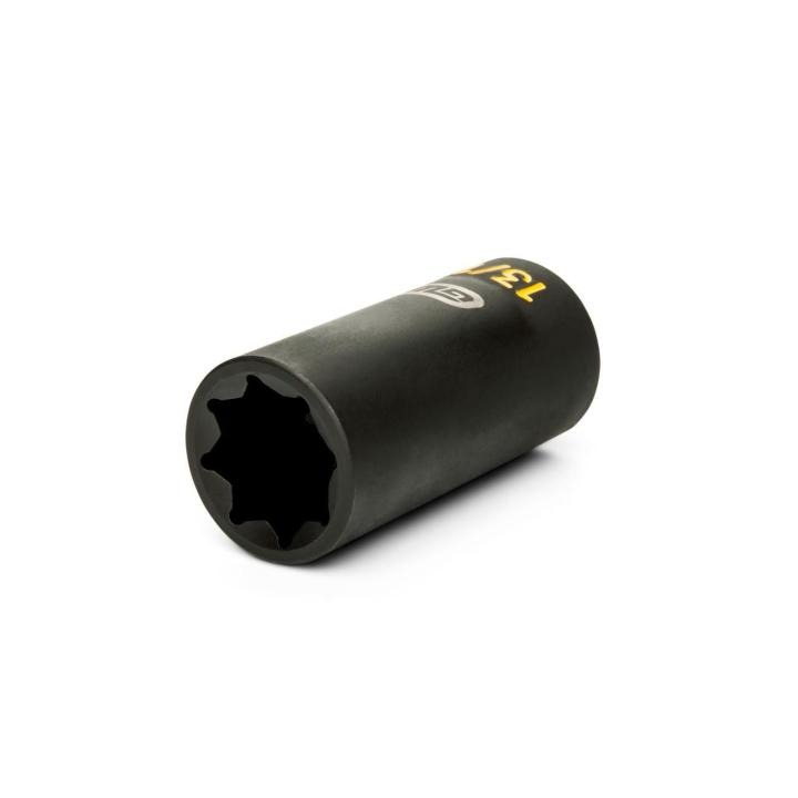 GWLS1316H angled black 1/2 drive lineman 13/16 8-point double square deep impact socket on white background, showing open end and yellow side marking.