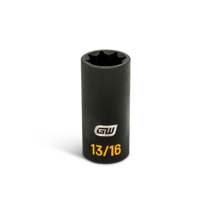 GWLS1316H black 1/2 drive lineman 13/16 8-point double square deep impact socket, upright with open end and yellow 13/16 size marking.