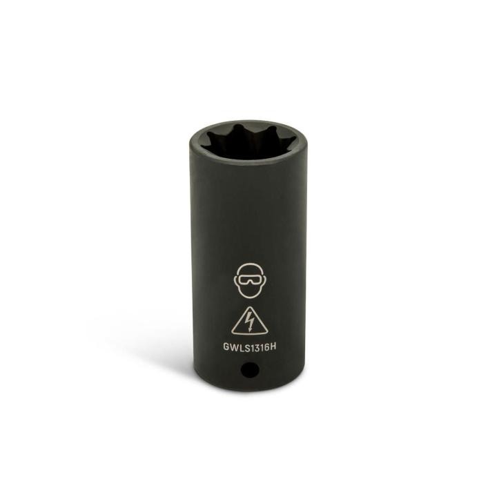 GWLS1316H black 1/2 drive lineman 13/16 8-point double square deep impact socket, upright with open end, wear goggles icon, and warning triangle.