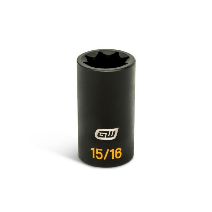 GWLS1516H black 1/2 drive lineman 15/16 8-point double square deep impact socket, upright with open end and yellow 15/16 size marking.