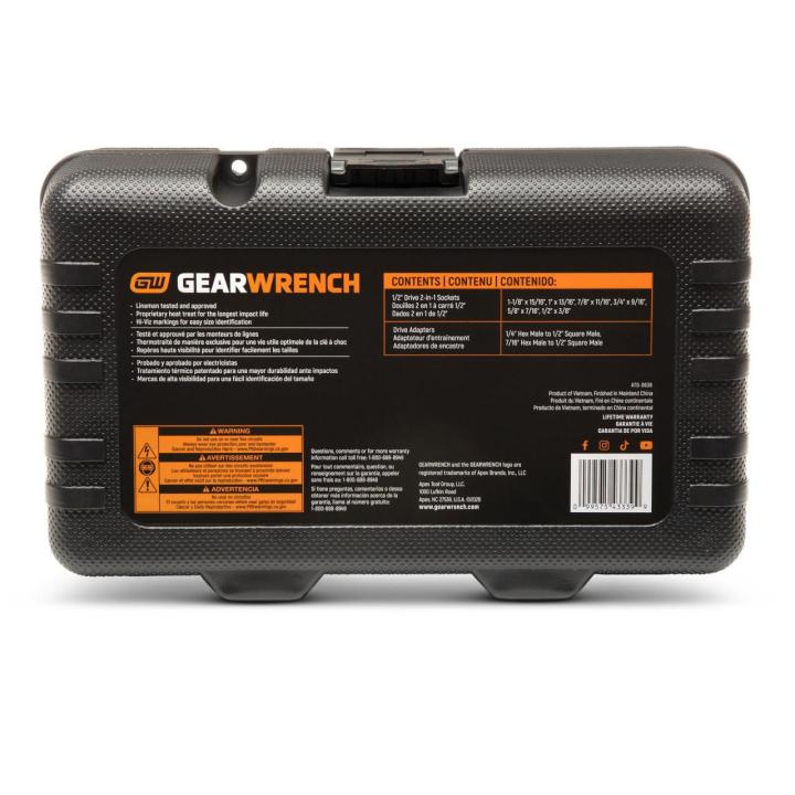 GWLS2N1X6: GEARWRENCH black carrying case with orange product label, operating information, barcode, and molded handle for the 12-piece lineman 2-in-1 impact socket set.