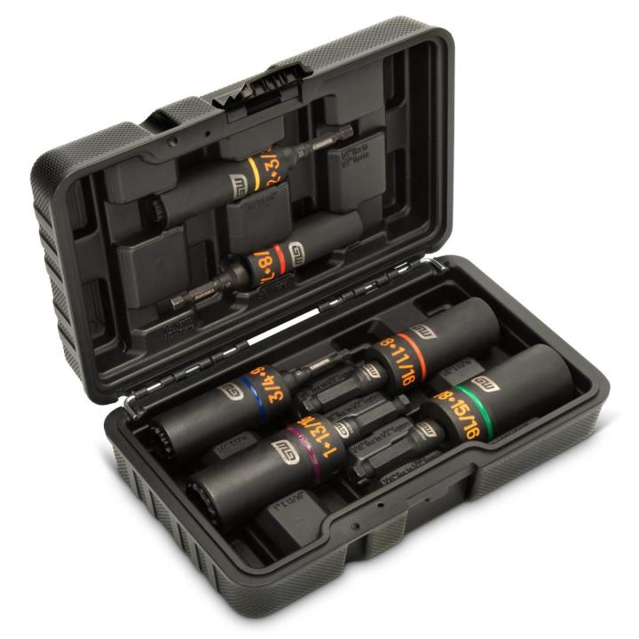 GWLS2N1X6: Open black case holding color-coded lineman impact sockets and adapters in molded compartments, showing the organized 12-piece set.