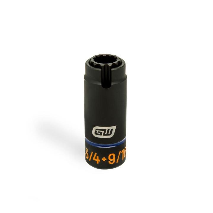 GEARWRENCH 1/2 in. drive 3-in-1 lineman 9/16 in. x 3/4 in. 12-point slotted deep impact socket with visible brand and size markings.