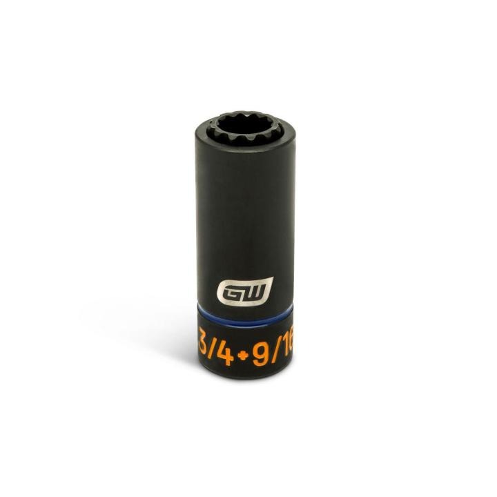 GEARWRENCH 9/16 x 3/4 lineman 2-in-1 12 point impact socket standing upright with orange size markings and brand detail.