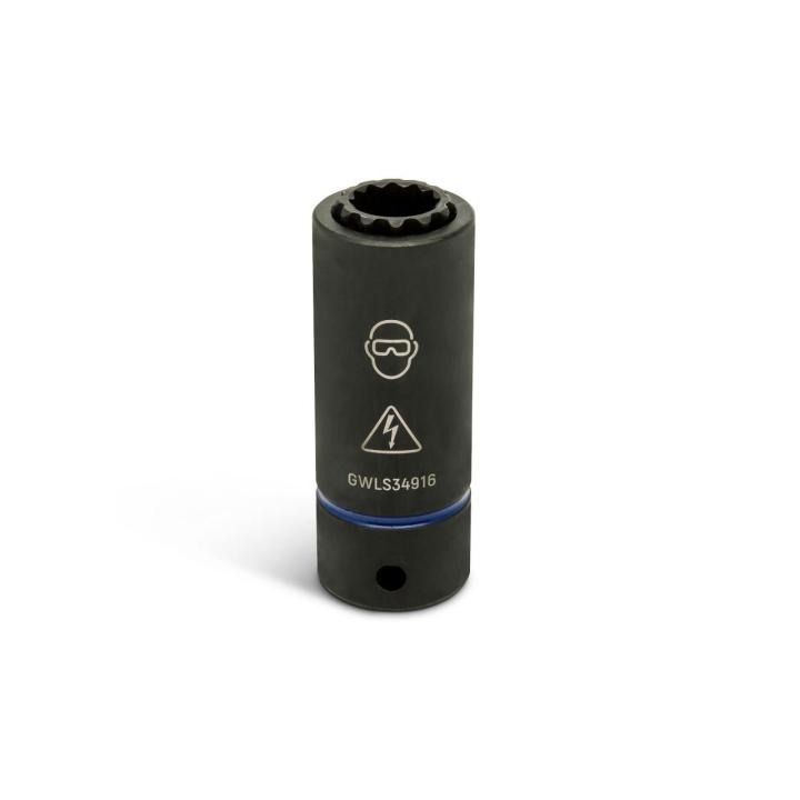 Close-up of the GEARWRENCH 9/16 x 3/4 lineman 2-in-1 12 point impact socket showing safety icons and a blue marking band.