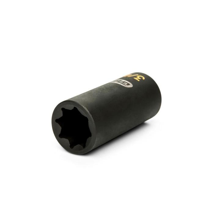 GWLS34H angled black 1/2 drive lineman 3/4 8-point double square deep impact socket on white background, showing open end and side markings.