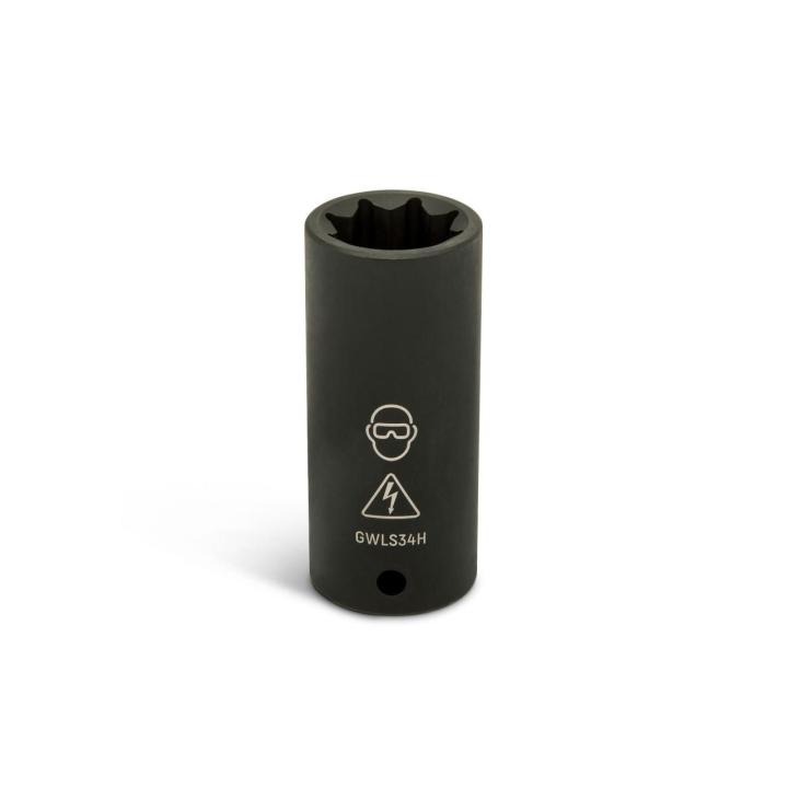 GWLS34H black 1/2 drive lineman 3/4 8-point double square deep impact socket, upright with open end, eye protection icon, and warning triangle.