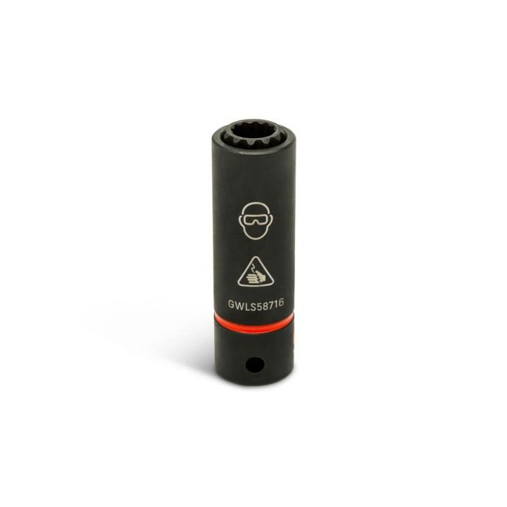 Close-up of the GEARWRENCH 5/8 x 7/16 lineman 2-in-1 12 point impact socket showing safety icons and side markings.