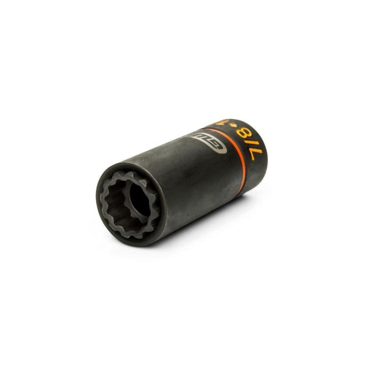 Angled view of the GEARWRENCH 7/8 x 11/16 lineman 2-in-1 12 point impact socket, showing the socket opening and side markings.