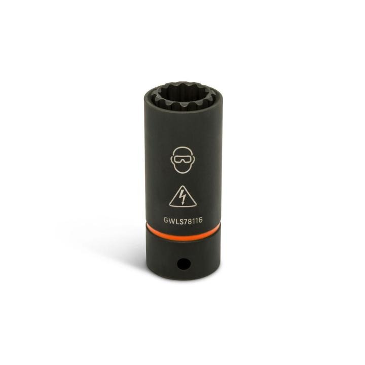 Close-up of the GEARWRENCH 7/8 x 11/16 lineman 2-in-1 12 point impact socket showing warning icons and size markings.