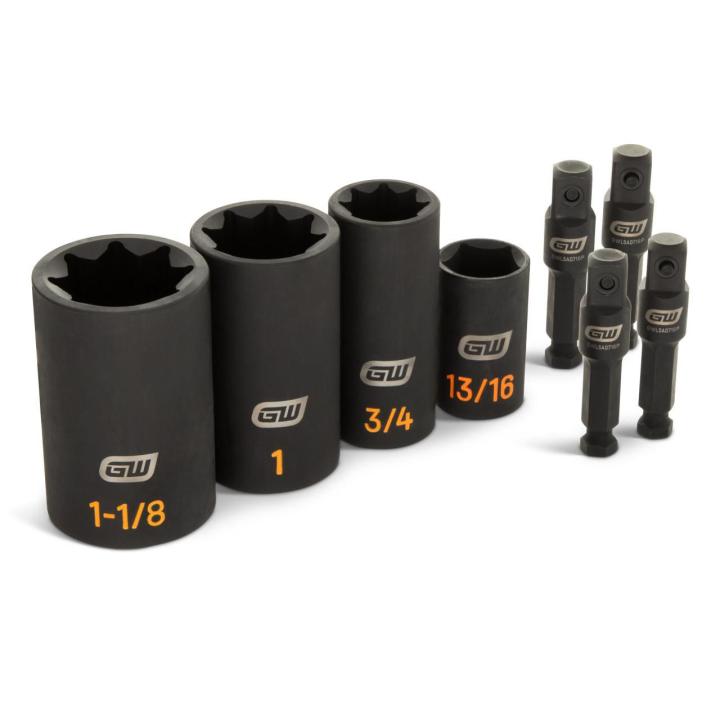 GWLS8PX4: Eight black 8-point deep impact sockets and adapters arranged in a row, with large orange size markings including 1-1/8, 1, 3/4, and 15/16.