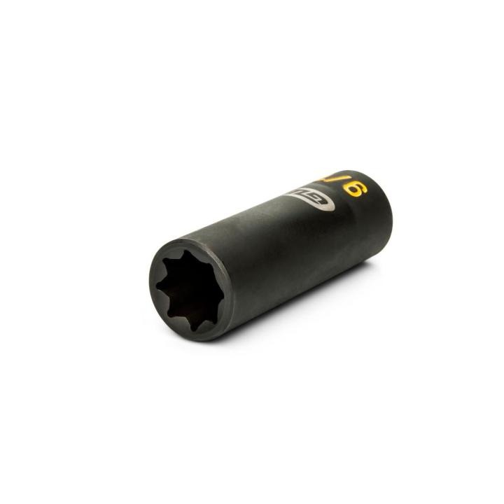 GWLS916H angled black 1/2 drive lineman 9/16 8-point double square deep impact socket on white background, showing open end and partial side markings.