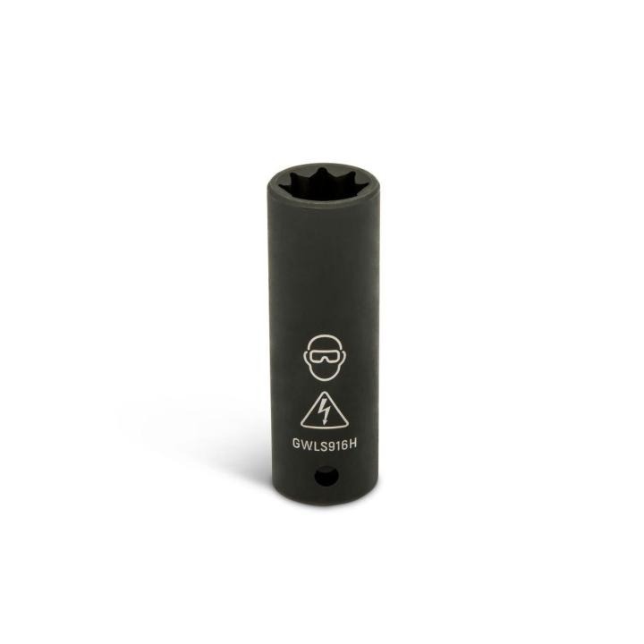 GWLS916H black 1/2 drive lineman 9/16 8-point double square deep impact socket, upright with open end, safety glasses icon, warning triangle, and Safety text.