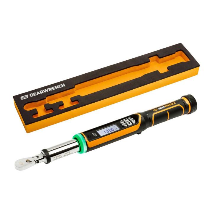 1/4" Drive 90T Electronic Flex Head Torque Wrench with Angle on a white background next to it's foam storage tray.