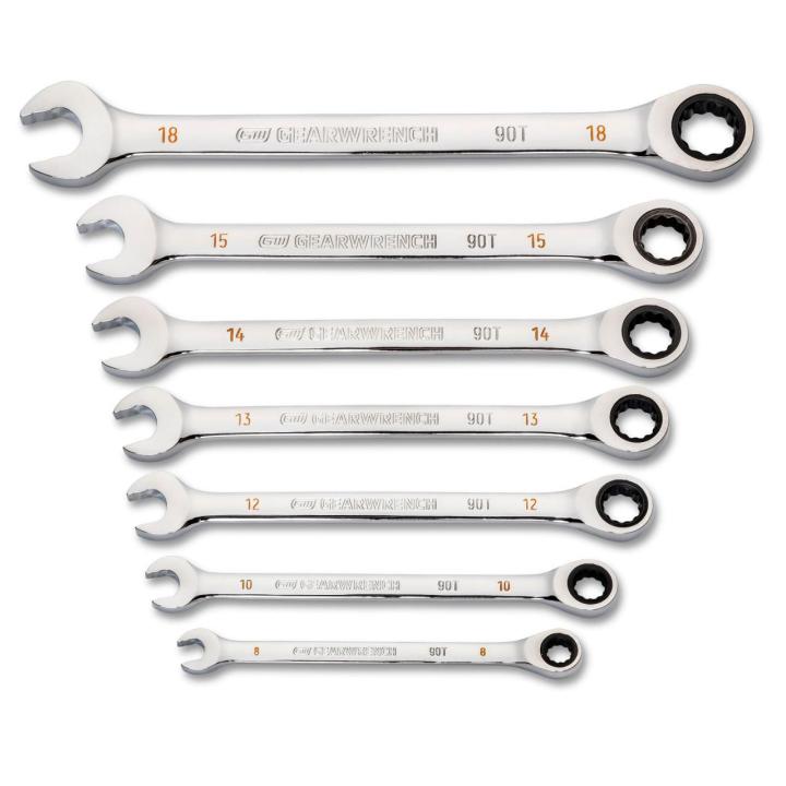 Image of the 7 Piece 90-Tooth 12 Point Metric Ratcheting Combination Wrench Set on a white background.